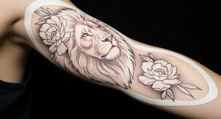 Tattoo artist designing a detailed full arm sleeve tattoo with stencil planning and shading flow across arm structure