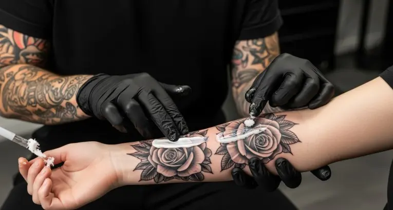Tattoo artist applying aftercare product and coconut oil comparison during tattoo healing process for safe skin recovery and moisturization stage