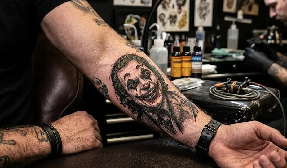 Realistic Joker tattoo design on forearm showing dark shading, chaotic expression, and cinematic detail in professional tattoo studio lighting.