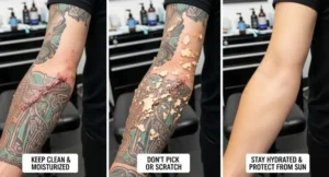 Tattoo healing stages on arm showing scabbing, peeling, and full recovery with professional aftercare guidance in tattoo studio environment.
