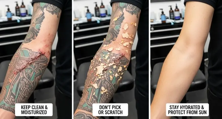 Tattoo healing stages on arm showing scabbing, peeling, and full recovery with professional aftercare guidance in tattoo studio environment.