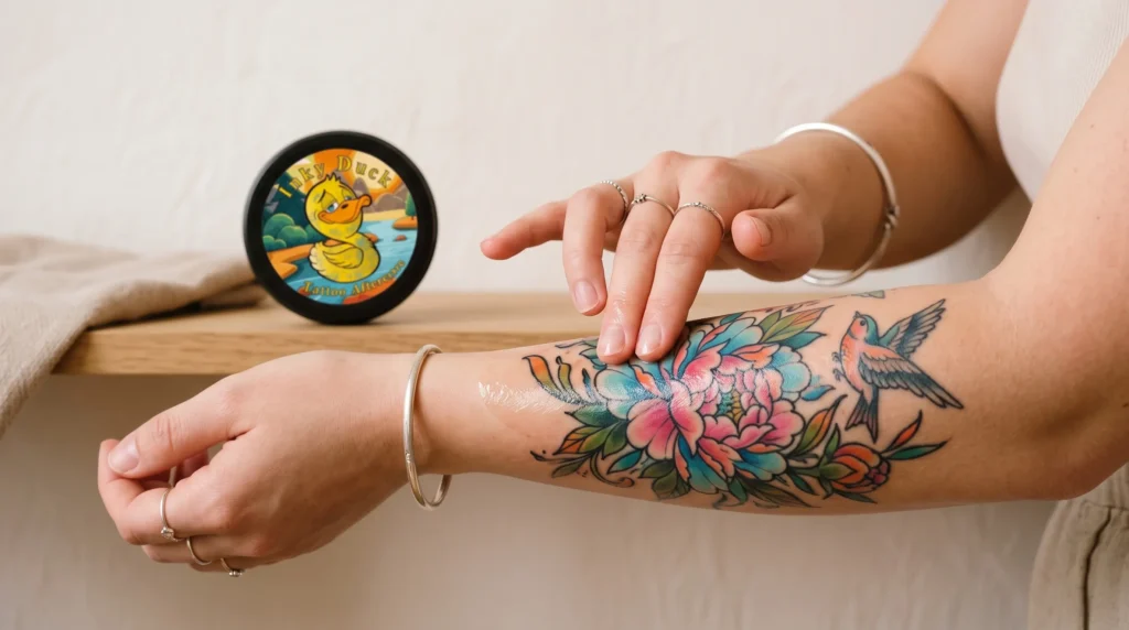 Dermatologist-approved tattoo aftercare balm being applied to a freshly healed arm tattoo