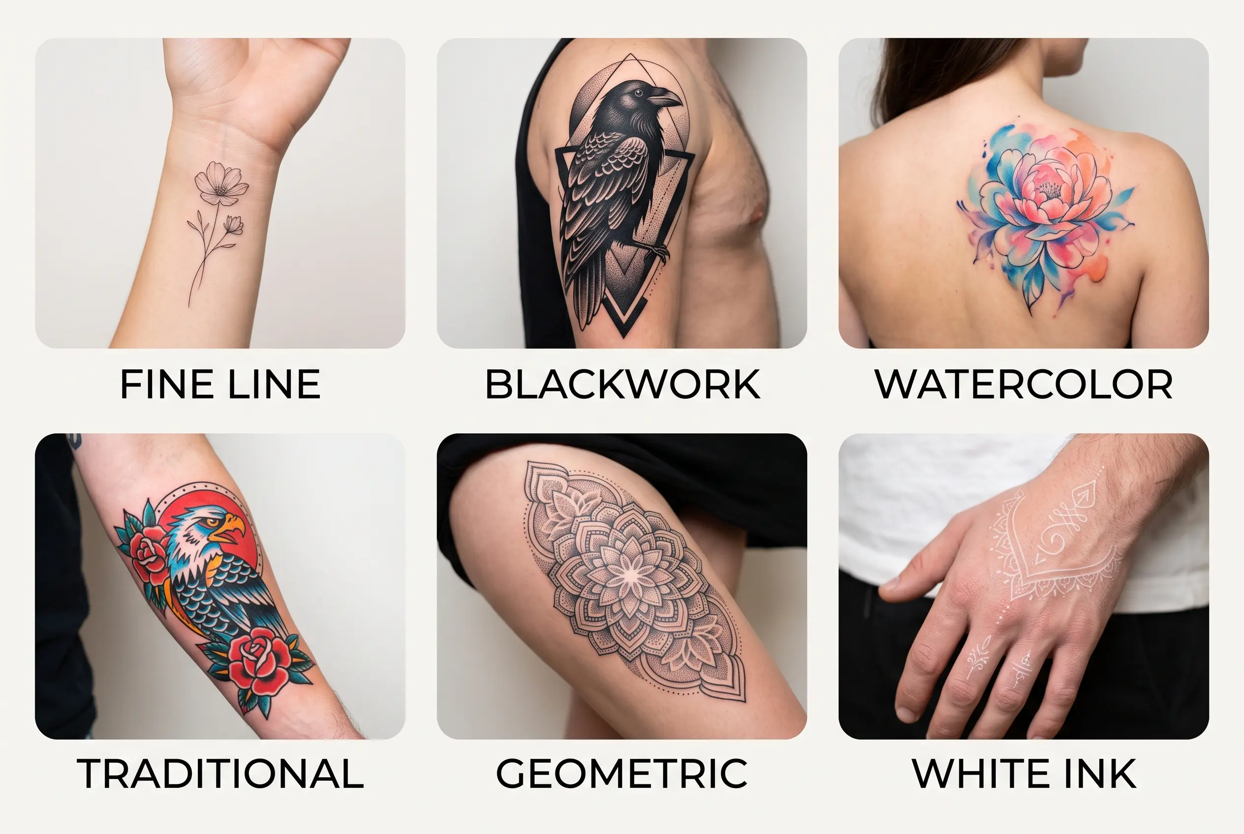 Collage of different tattoo styles including fine line blackwork watercolor traditional and geometric tattoos requiring specific aftercare