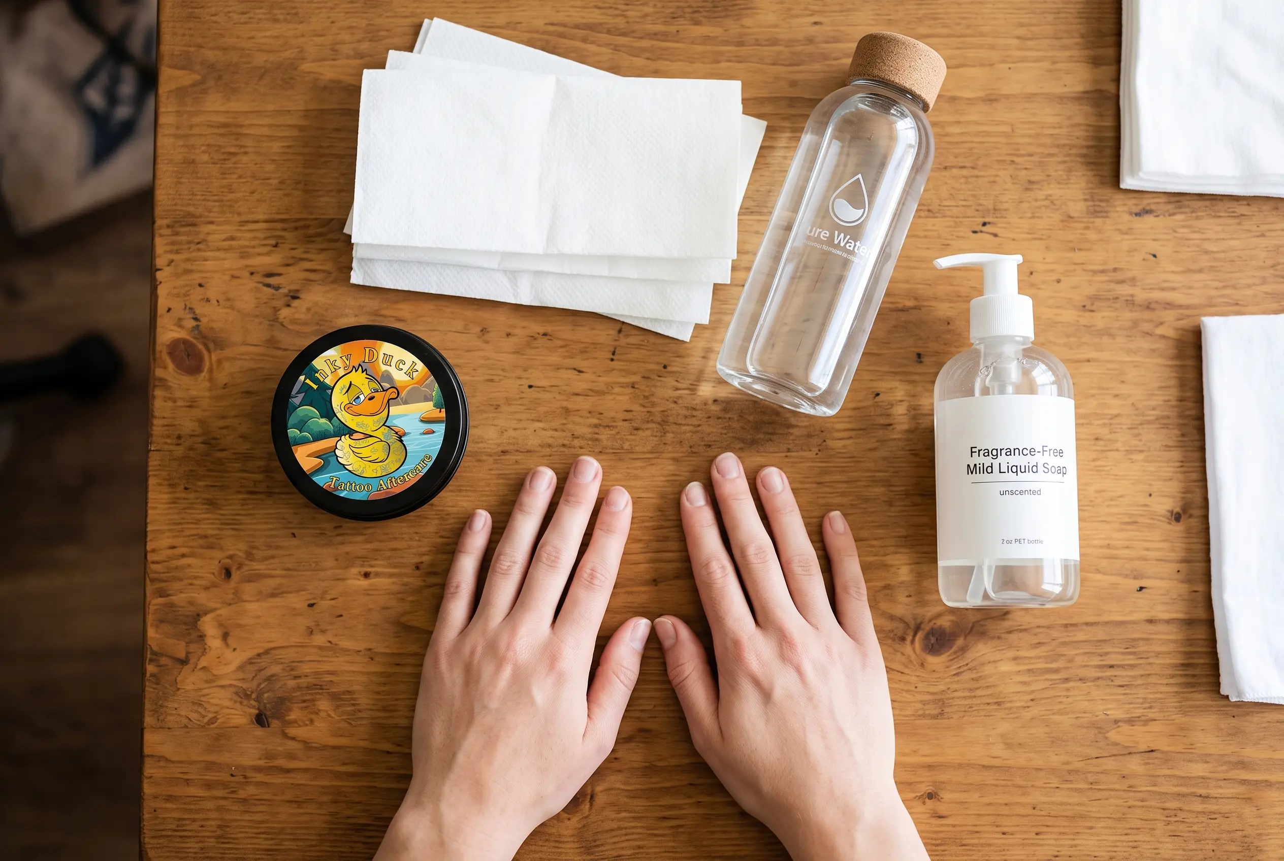 Essential tattoo aftercare products including Inky Duck balm, fragrance-free soap, and paper towels for first week healing