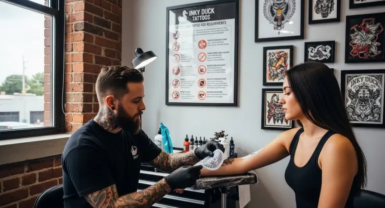 Tattoo artist preparing stencil on client arm in professional tattoo studio explaining legal tattoo age requirements and safety guidelines at Inky Duck Tattoos.