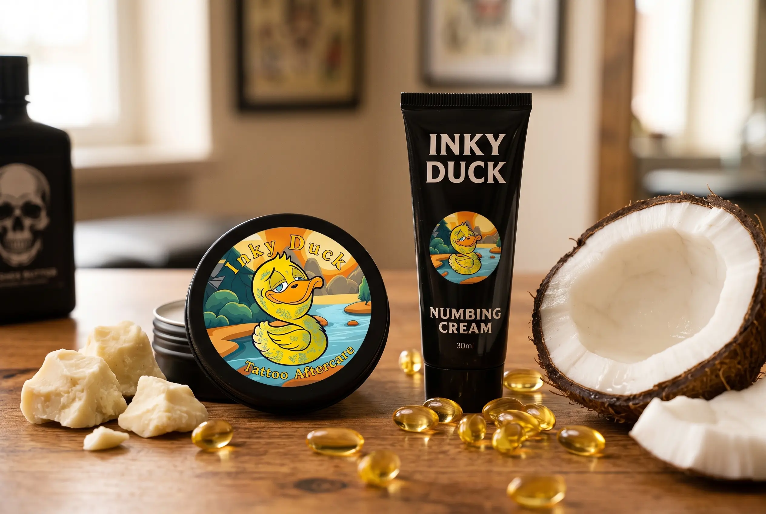 Inky Duck natural tattoo aftercare balm with shea butter coconut oil and vitamin E ingredients
