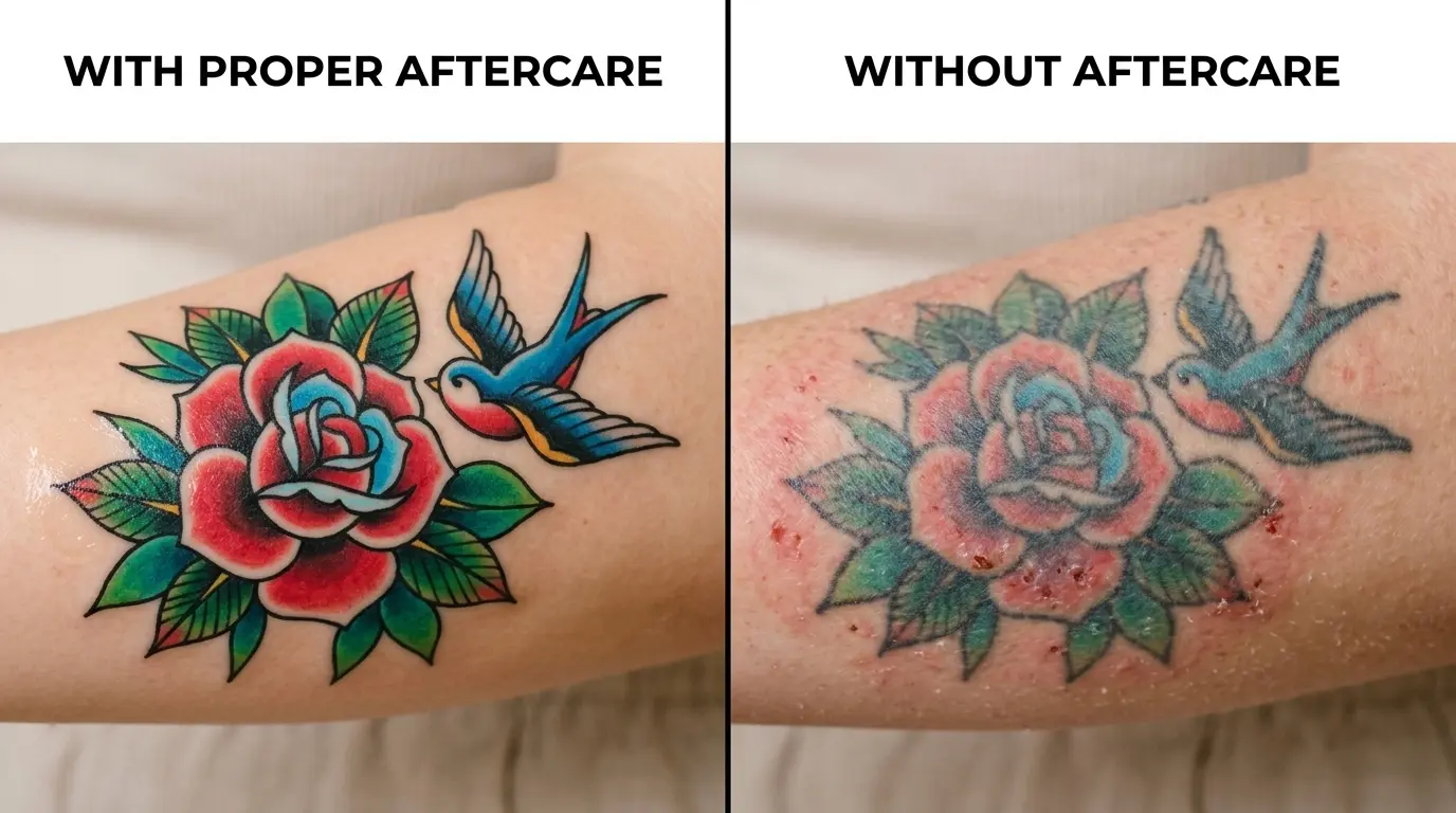 Comparison of a tattoo with proper aftercare versus one without aftercare showing fading and infection