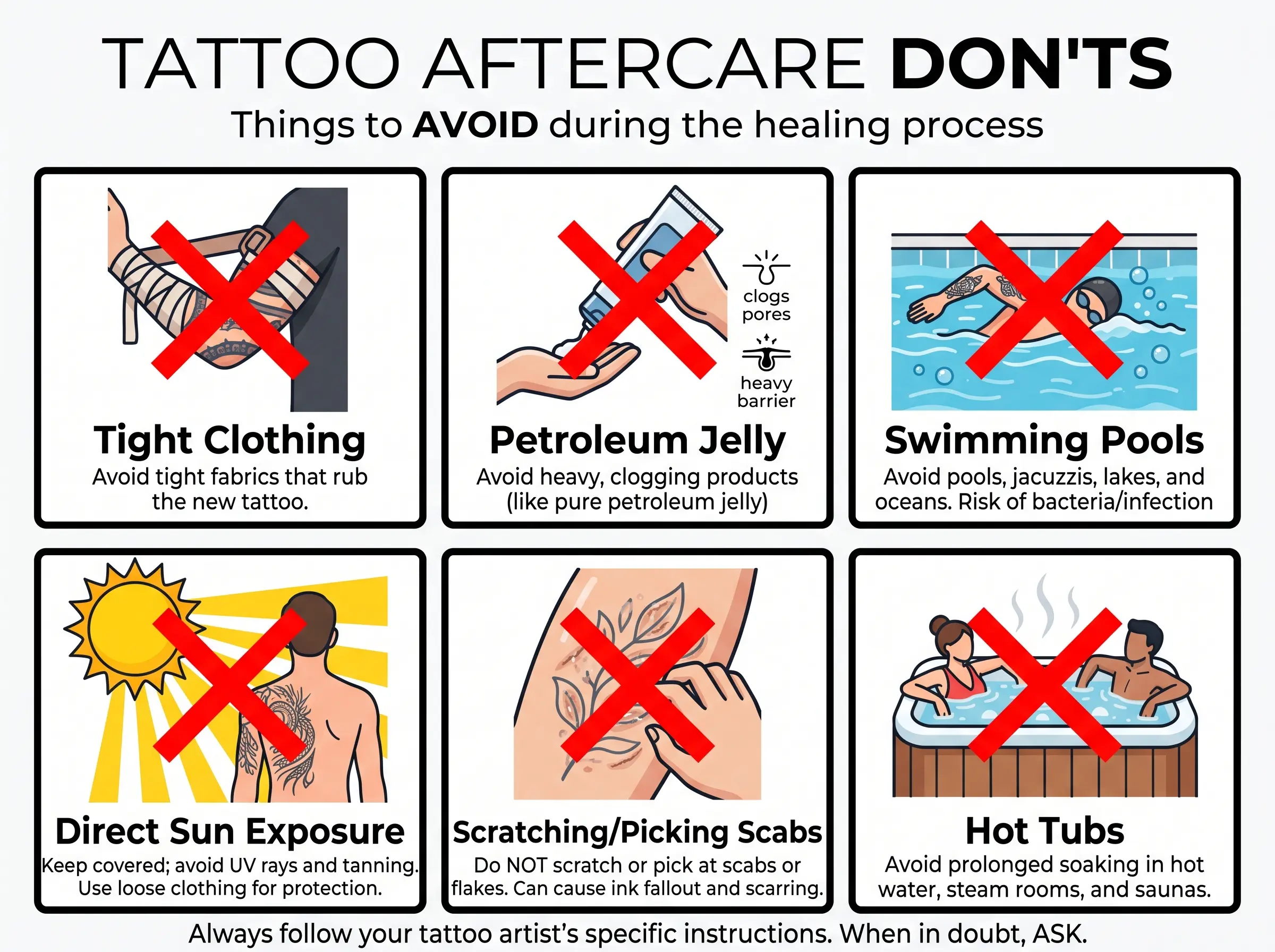 Infographic showing what to avoid during tattoo healing including tight clothing, petroleum jelly, sun exposure, and swimming