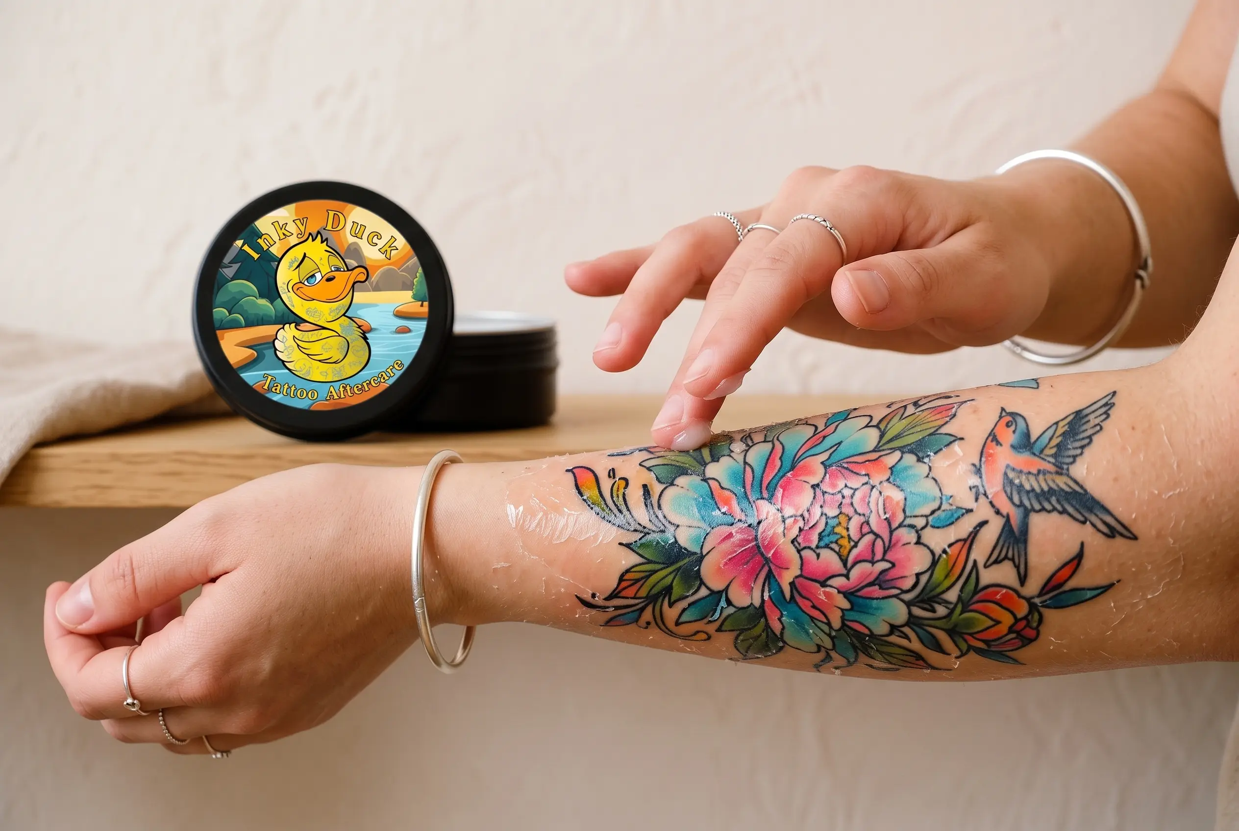 Healing tattoo in the peeling and flaking phase during weeks two to four of recovery