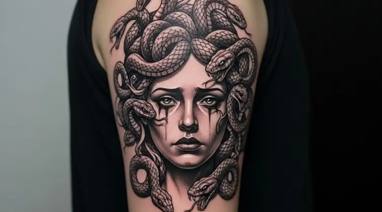 Detailed Medusa tattoo design showing realistic snake hair, mythological face, and black and grey shading on arm placement.